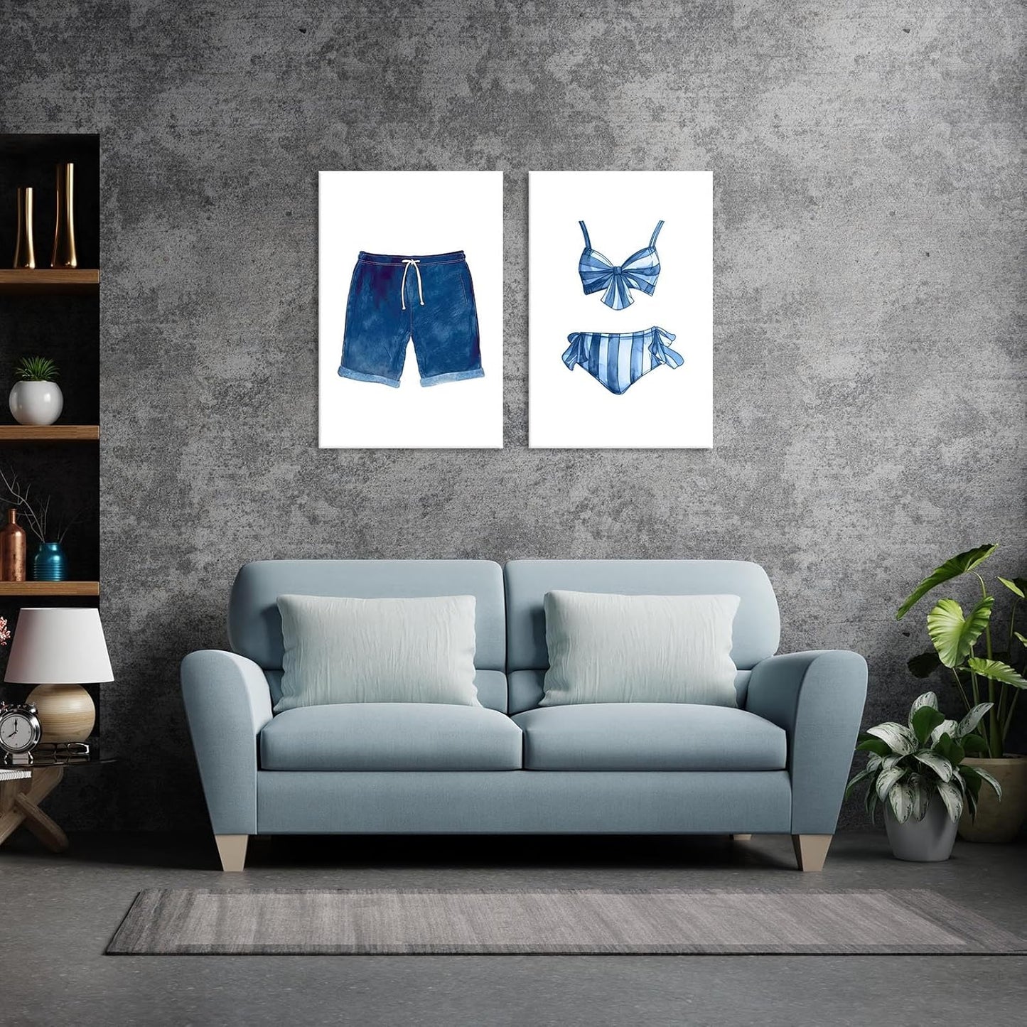 Liyark Set of 2 Retro Navy Blue And White Swimsuit Art Posters Beach Bathing Suit Prints Painting Beach House Wall Art Coastal Wall Decor Pictures For Bathroom Home Decoration 24x36in Framed