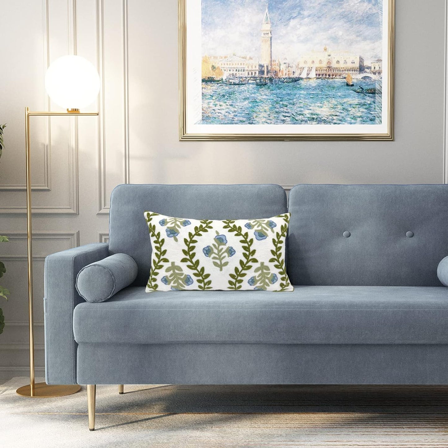 Alysheer Summer Floral Embroidered Decorative Throw Pillow Cover 12"x 20", Farmhouse Blue Flowers Green Leaves Patterned Cotton Canvas Lumbar Cushion Case for Sofa Couch Living Room Cottage Decor