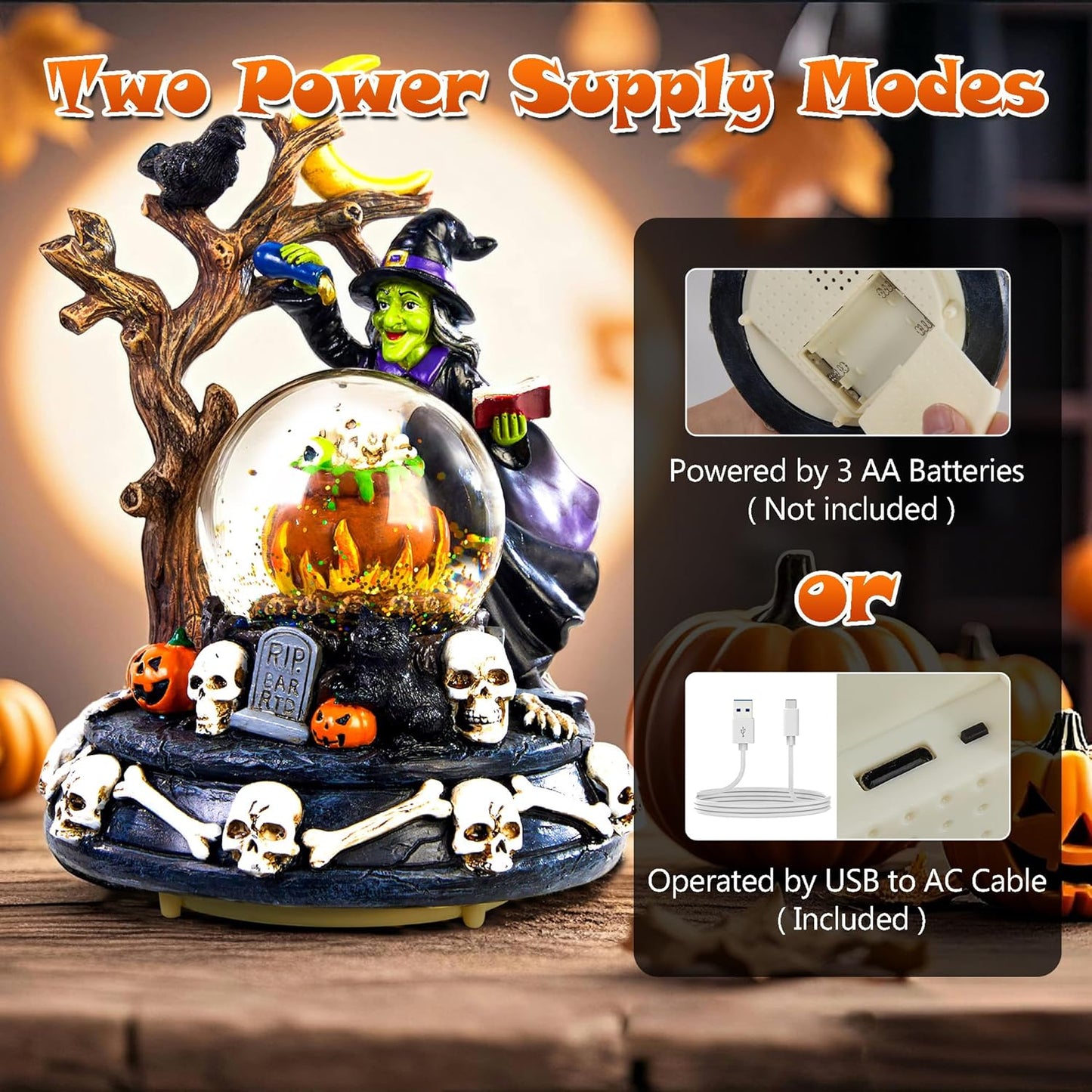 Halloween Snow Globe Lantern with Music - Lighted Witches, Ravens, Pumpkins & Black Cat Glitter Lantern, Witch Black Cat Halloween Decorations Indoor for Spooky Party Home Décor