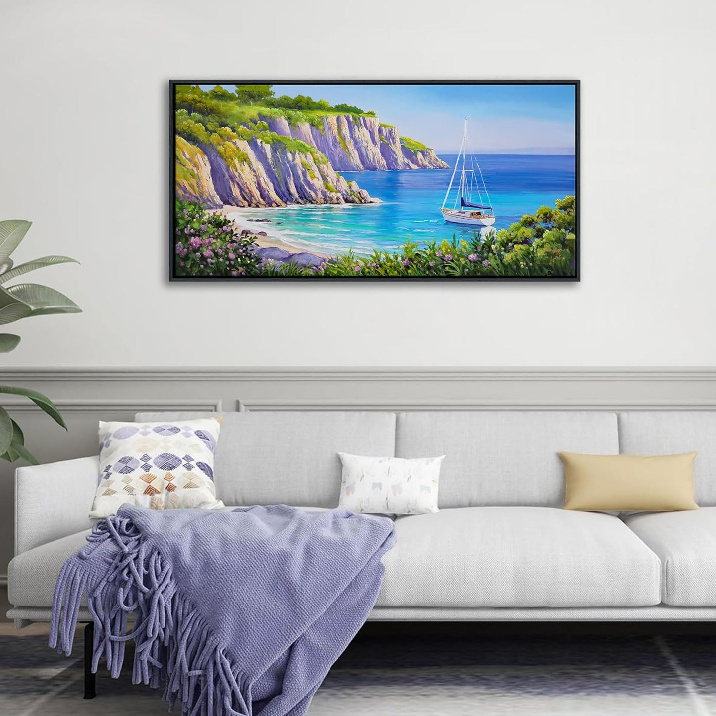 QZQCBLC Coastal Batnroom Wall Art - Blue Sea Sailing Boat Canvas Pictures Purple Flower Mountains Ocean Landscape Paintings Artwork for Living room Bedroom Office Framed Navigation Decor 20"X40"