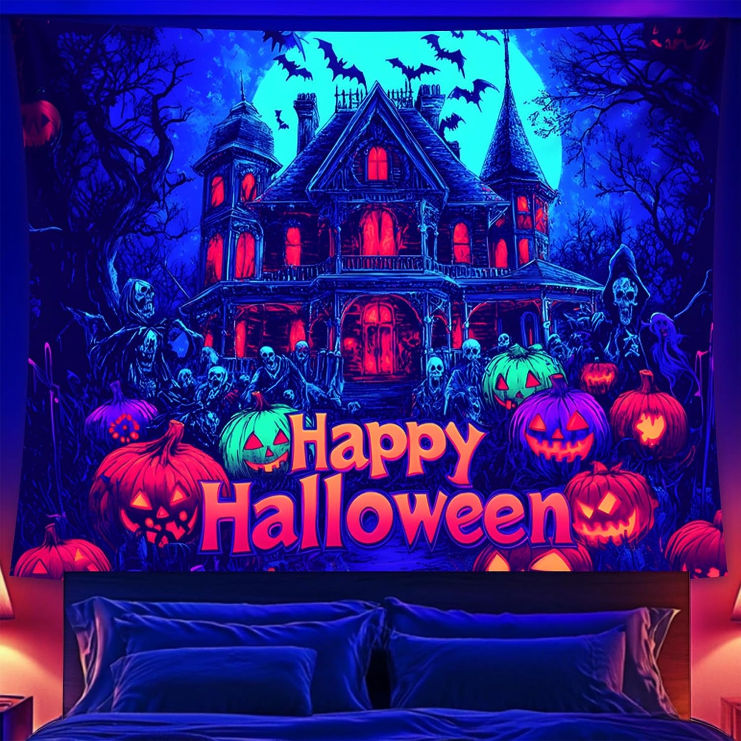 Halloween Tapestry, Blacklight Tapestry for Halloween Party Decor Hanging Tapestries Backdrop Wall Art Poster for Bedroom Dorm 79x59in