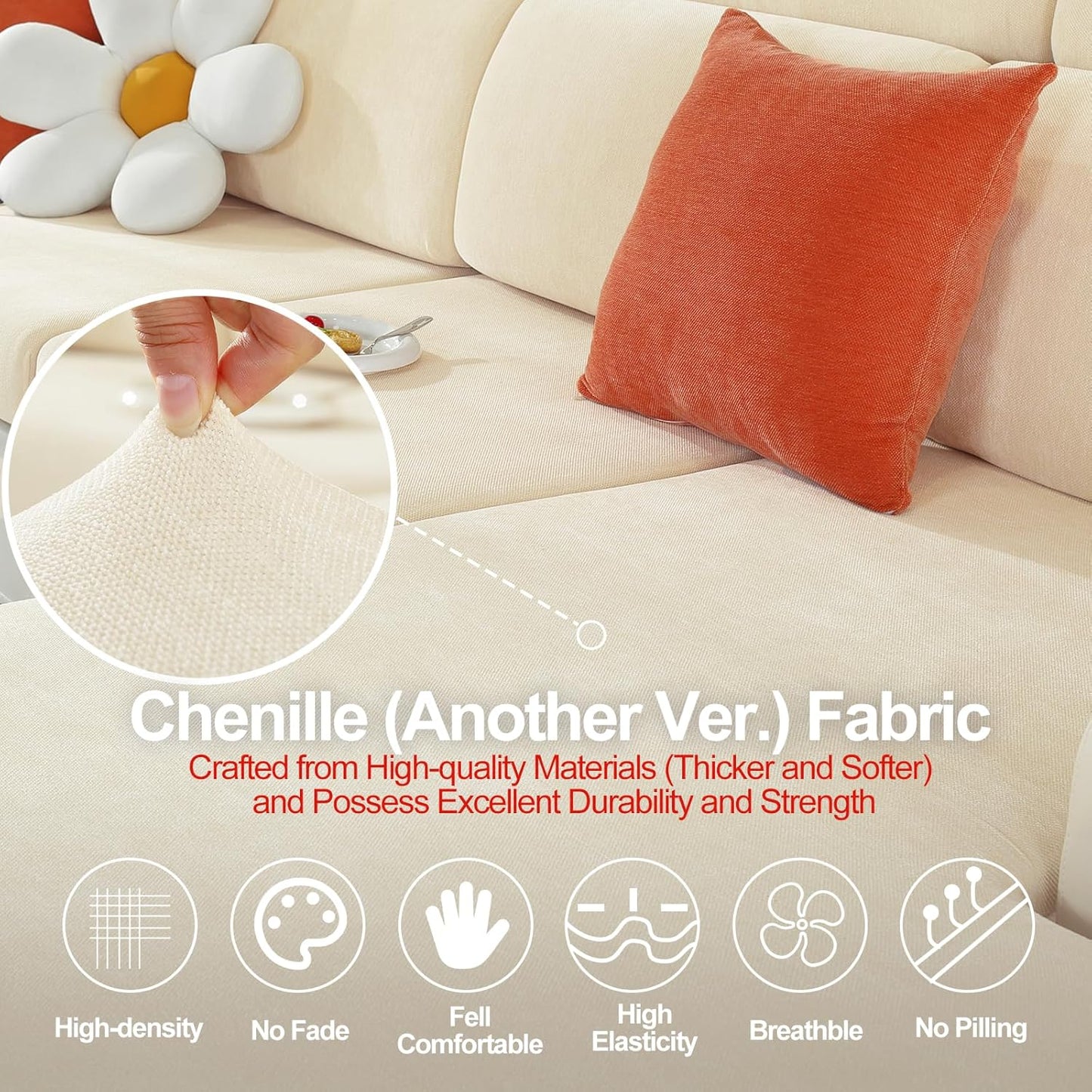 Chenille Sofa Armrest Covers, Soft Stretch Non-Slip Couch Arm Covers for Sofa, Chair or L Shaped Sectional, Furniture Protector (2 Pieces, Beige)