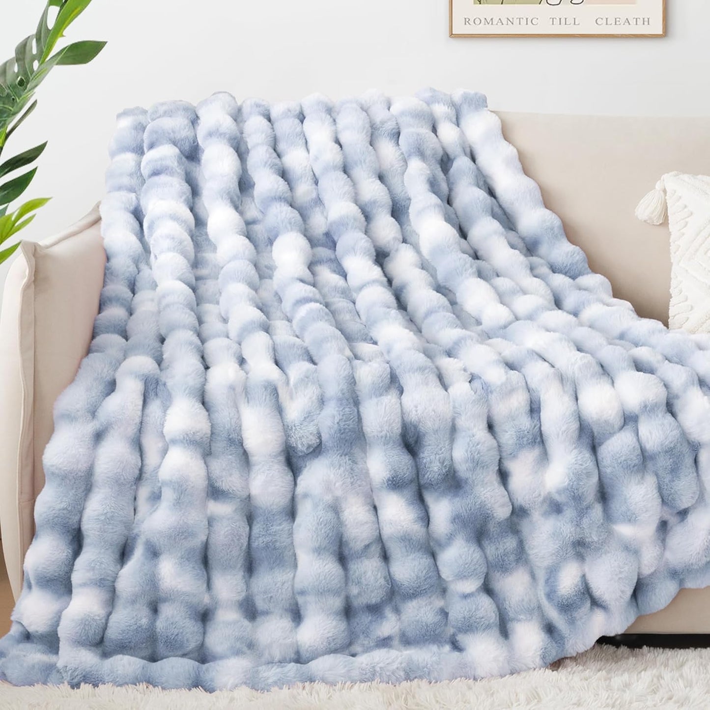 Touchat Luxury 1000GSM Faux Rabbit Fur Throw Blanket, Super Heavy Warm Cozy Grey Blankets for Couch Bed Sofa, Ruched Plush Fuzzy Elegant Soft Reversible Mink Blanket for Living Room Bedroom, Blue