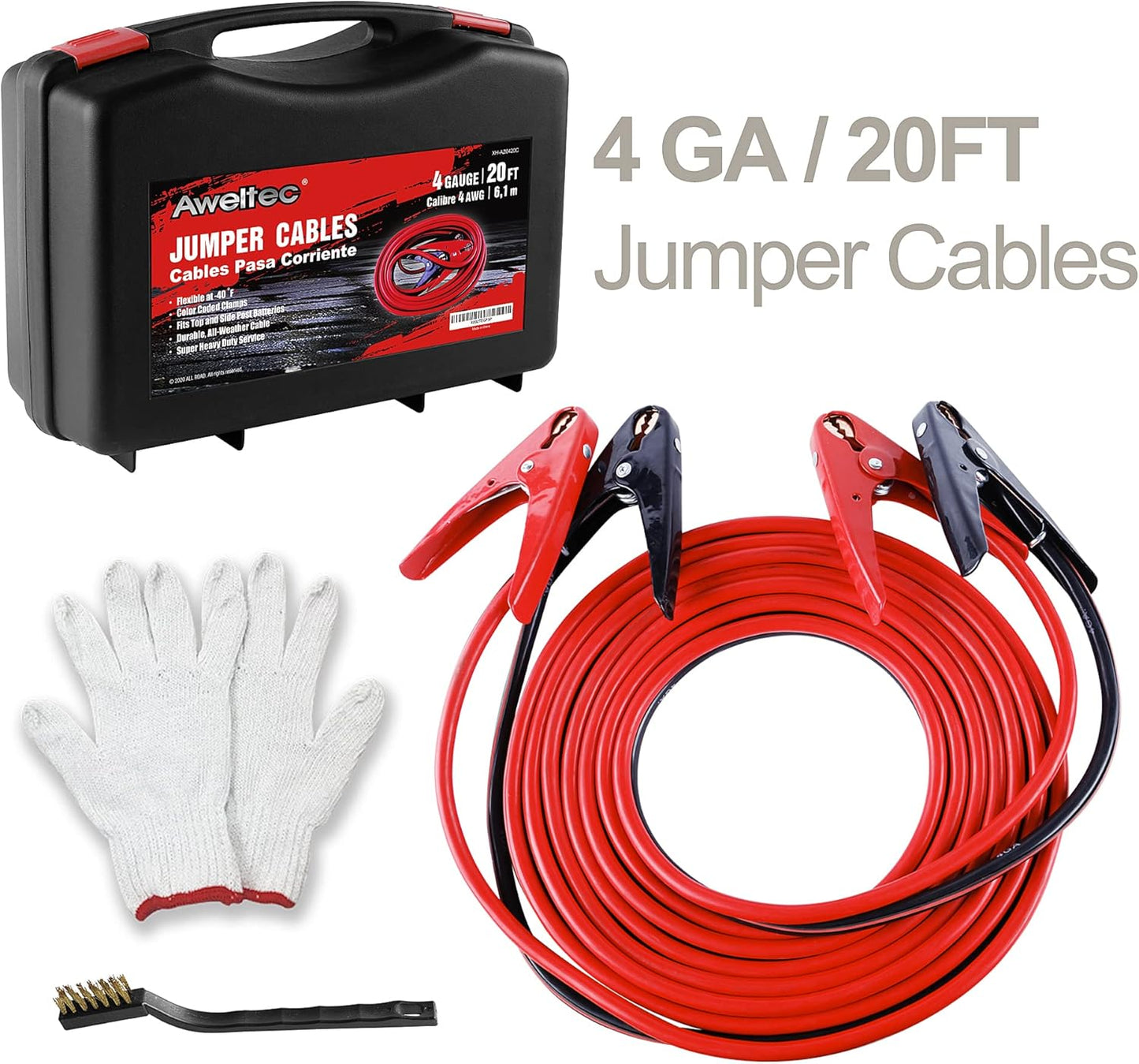 100% Pure Copper Jumper Cables 4 Gauge 20 Feet - Heavy Duty Battery Booster Cable 800 AMP with Carry Bag, Safety Gloves and Iron Brush Included(Copper 4AWG x 20FT)