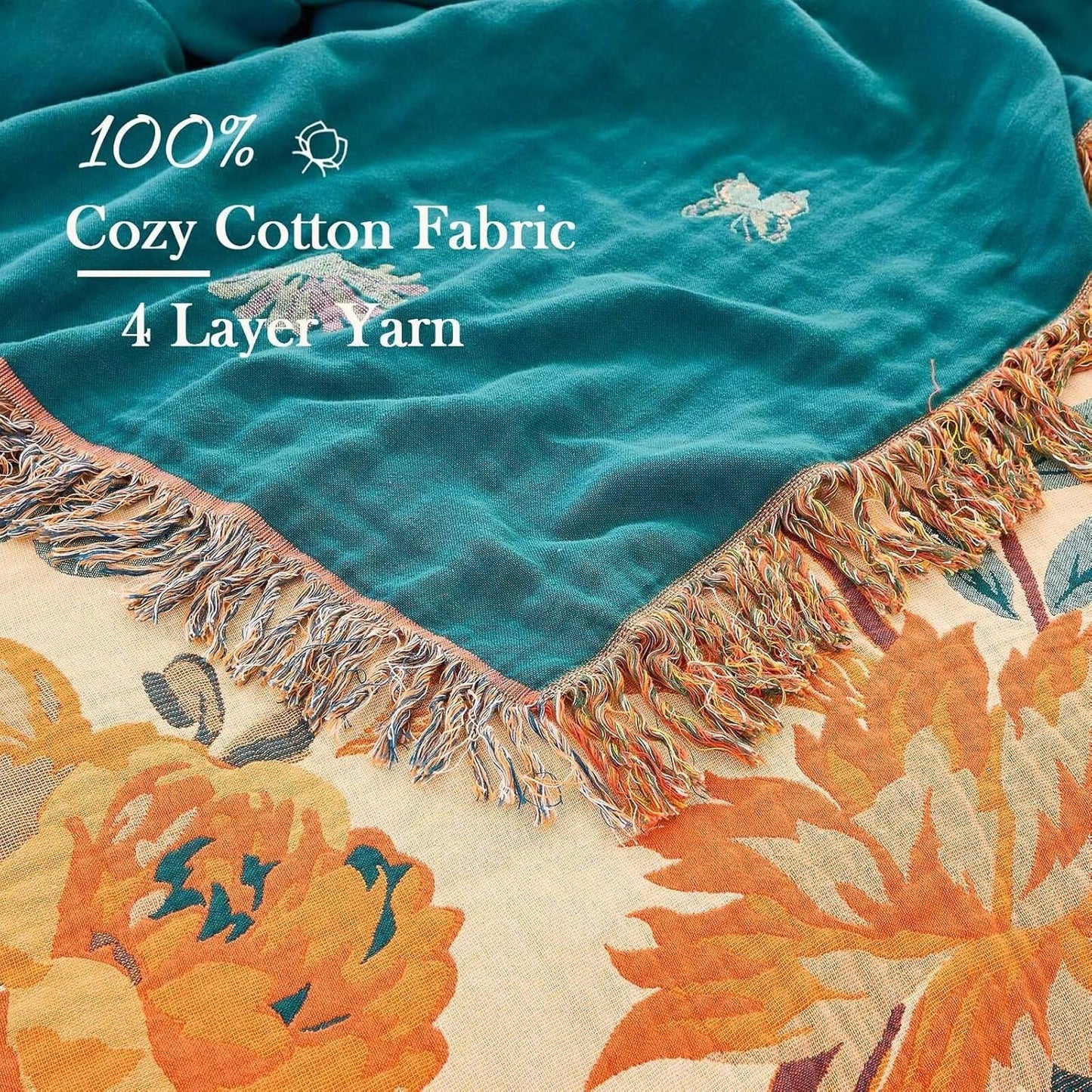 Boho Throw Blanket for Bed, 100% Cotton Soft Rustic Quilt Fall Blanket, 90"x98" Floral Printed Farmhouse Decor Bed Blankets, All Season Rustic Reversible Bohemian Throw Quilt