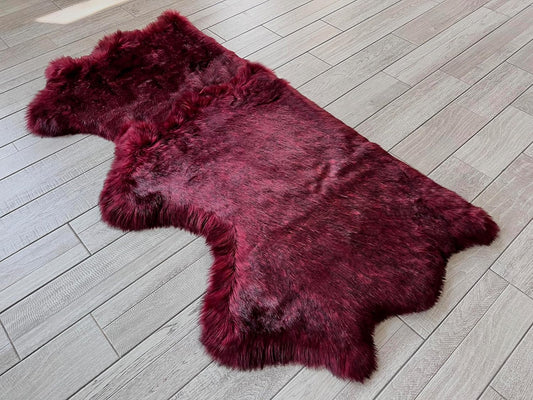 LAMBZY Faux Sheepskin Super Soft Hypoallergenic Free Shape Silky Shag Rug, Luxury Shaggy Plush Carpet for Bedrooms Living Kids Room Sofa Rugs (Burgundy, Triple Side by Side 3'x6')