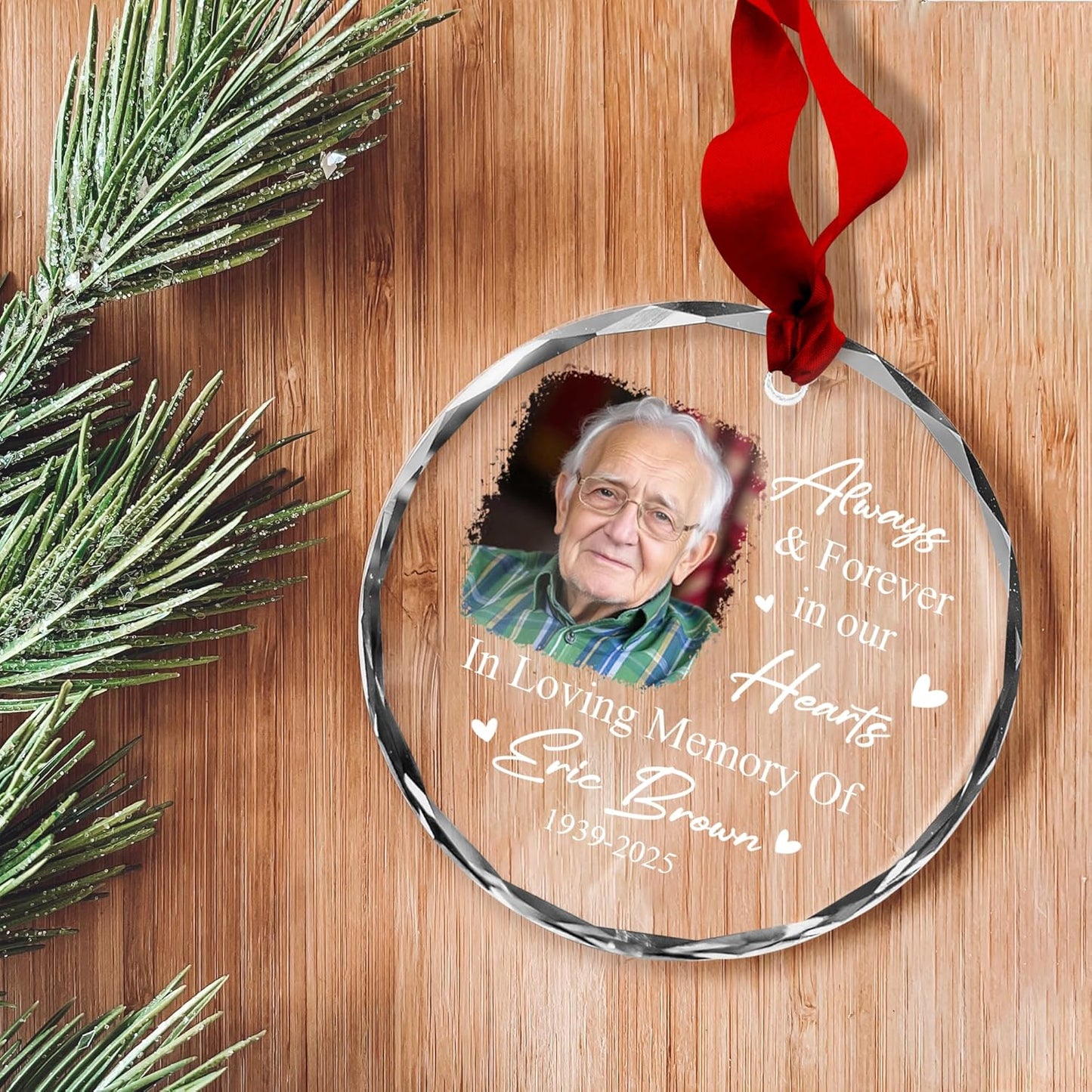 Personalized Memorial Ornament with Photo – Custom Glass Suncatcher for Loss of Loved One – Always & Forever in Our Hearts Rainbow Hanging Crystal – in Loving Memory