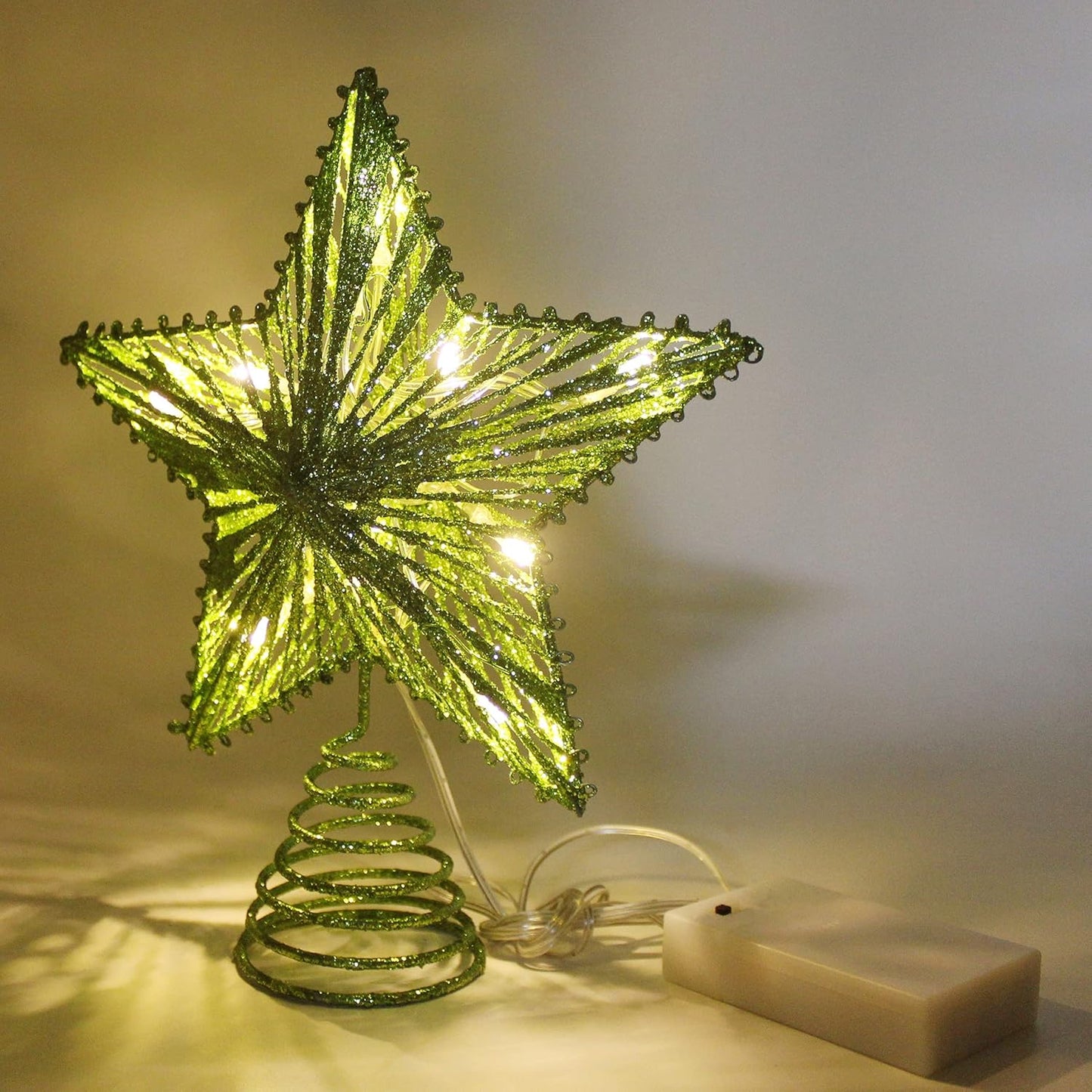 CVHOMEDECO. Green Glittered 3D Tree Top Star with Warm White LED Lights and Timer for Christmas Tree Decoration and Holiday Seasonal Décor, 8 x 10 Inch