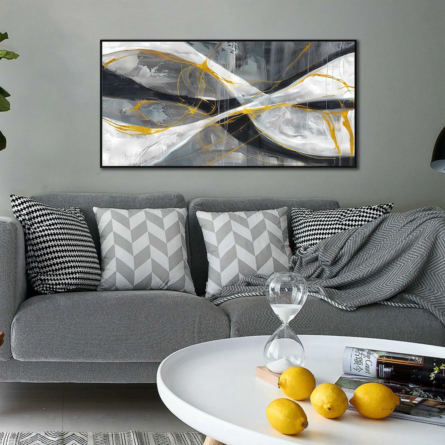 Ouzzlie Abstract Wall Decor Art Modern Canvas Picture Black White and Gold Wall Art for Bedroom Office Decoration 24" x 48"