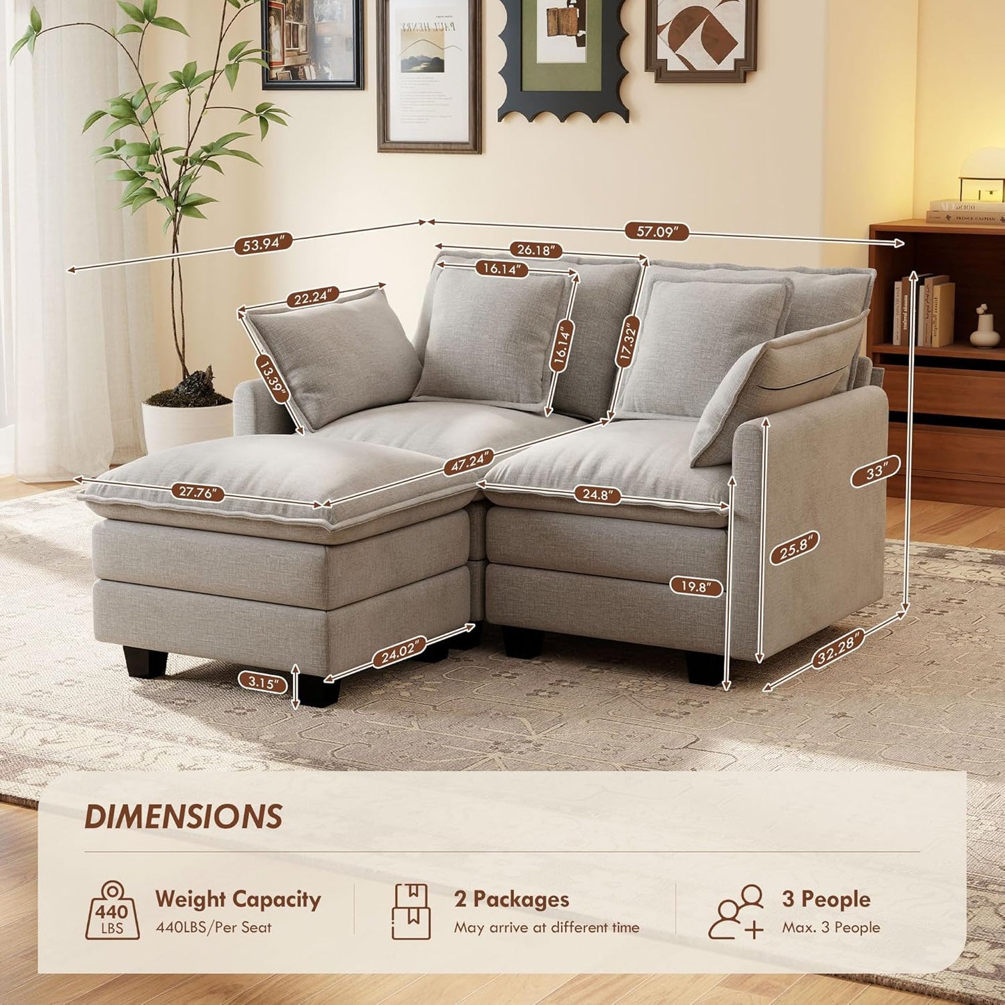 Ihanherry 57" L Shaped Modular Sectional Cloud Sofa, Modern 3 Seat Chenille Couch with Ottoman for Living Room, Bedroom and Apartment, Grey