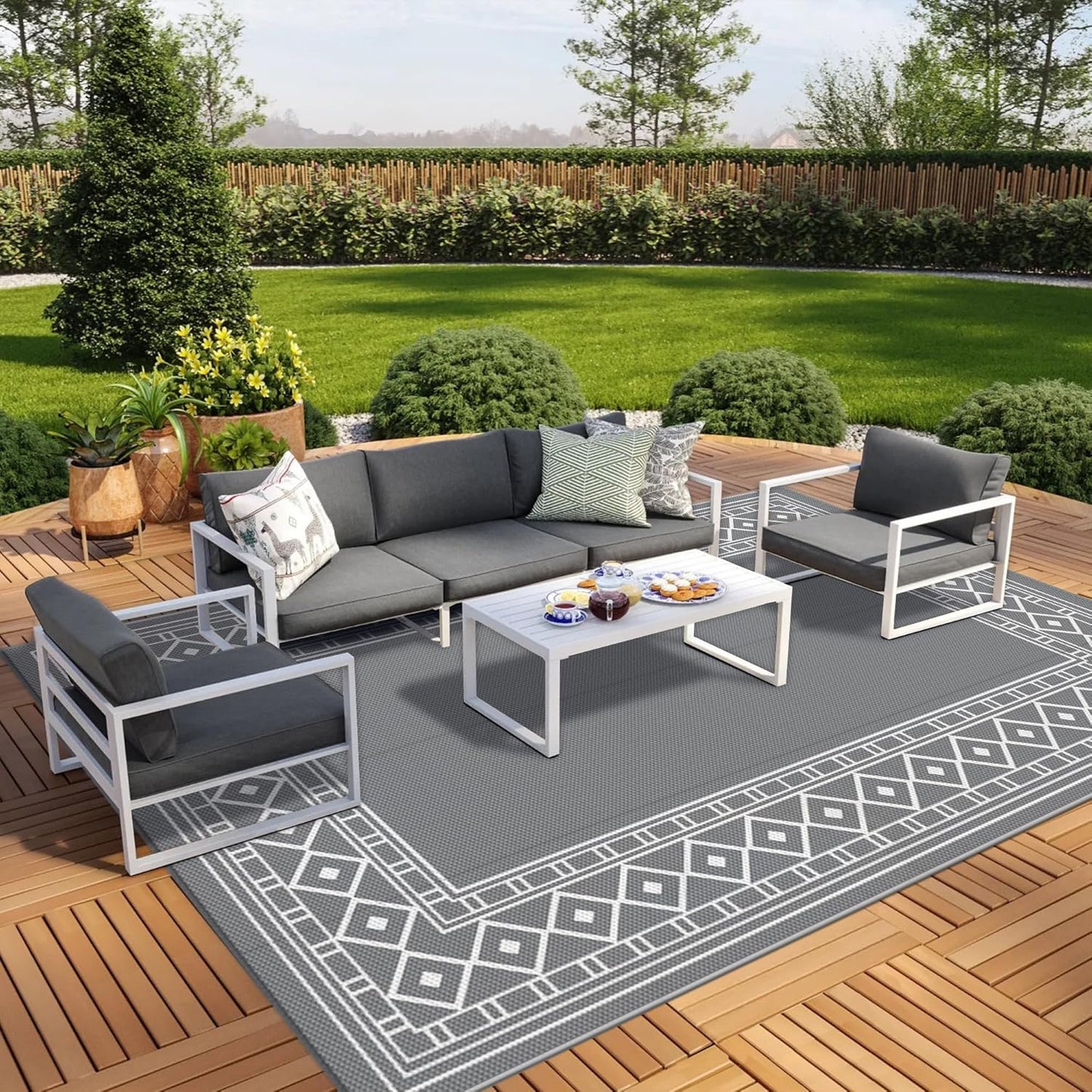 GENIMO Outdoor Rug Waterproof Area 10'x14' for Patio, Foldable Reversible Plastic Straw Carpet for Travel Trailers, Outside Mat for Rv, Deck, Picnic, Porch, Camper, Balcony, Beach, Grey & White