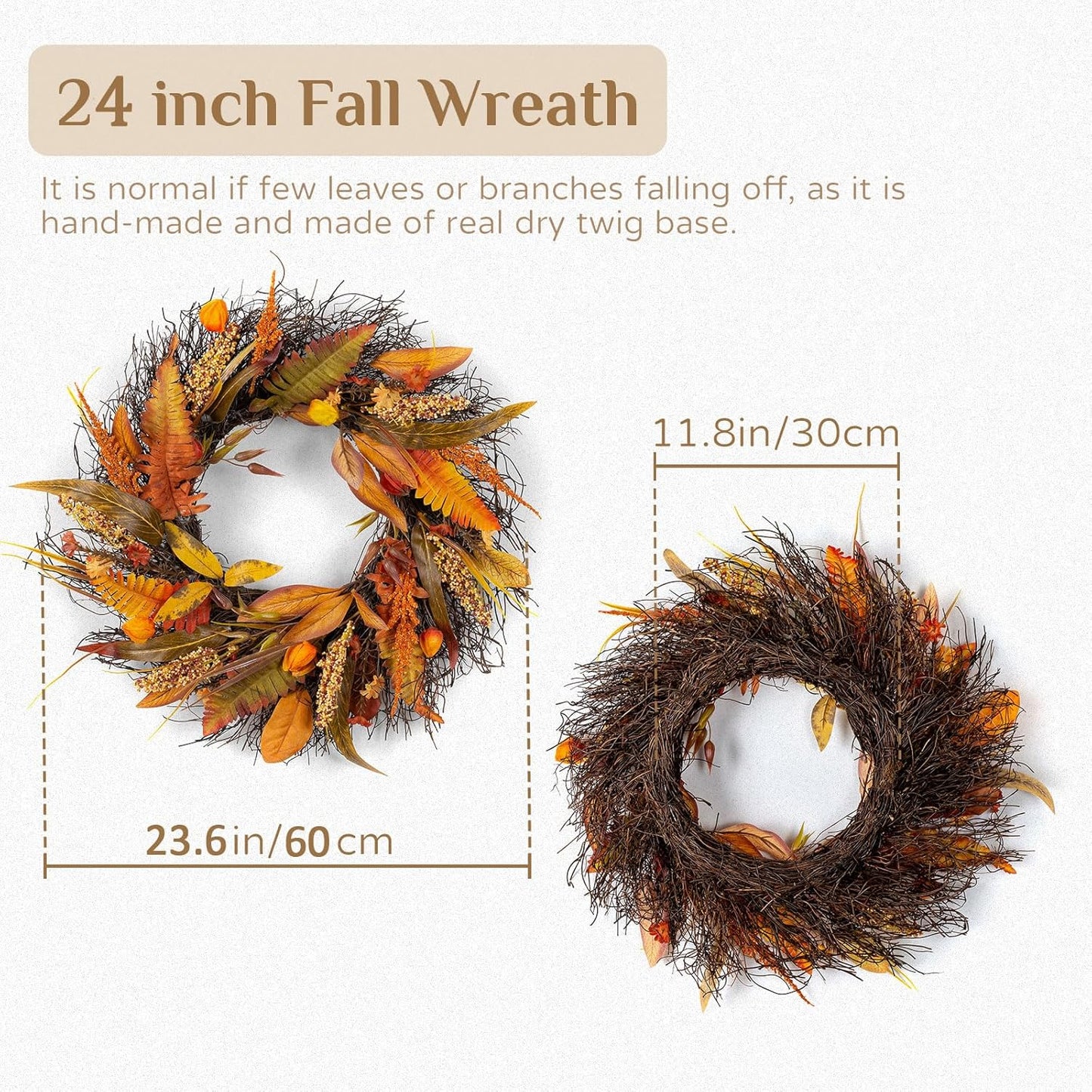 Fall Wreath for Thanksgiving Decorations 24inch - Walasis Large Wheat Wreaths for Front Door - Harvest Grain Gold Autumn Wall Decor for Indoor Outdoor