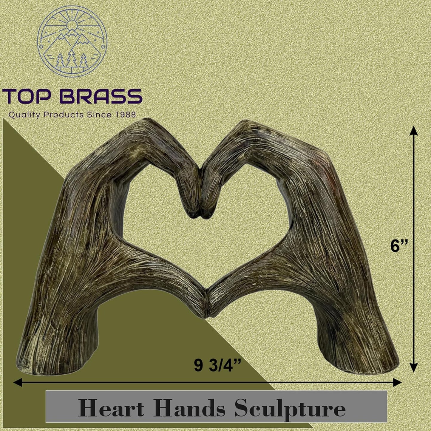 Top Brass Large Rustic Heart Hands Sculpture, 9 3/4” Resin Love Statue – Romantic Decor Accent for Shelf or Mantel – Perfect for Wedding, Valentine's Day or Anniversary (Rustic Wood Grain)
