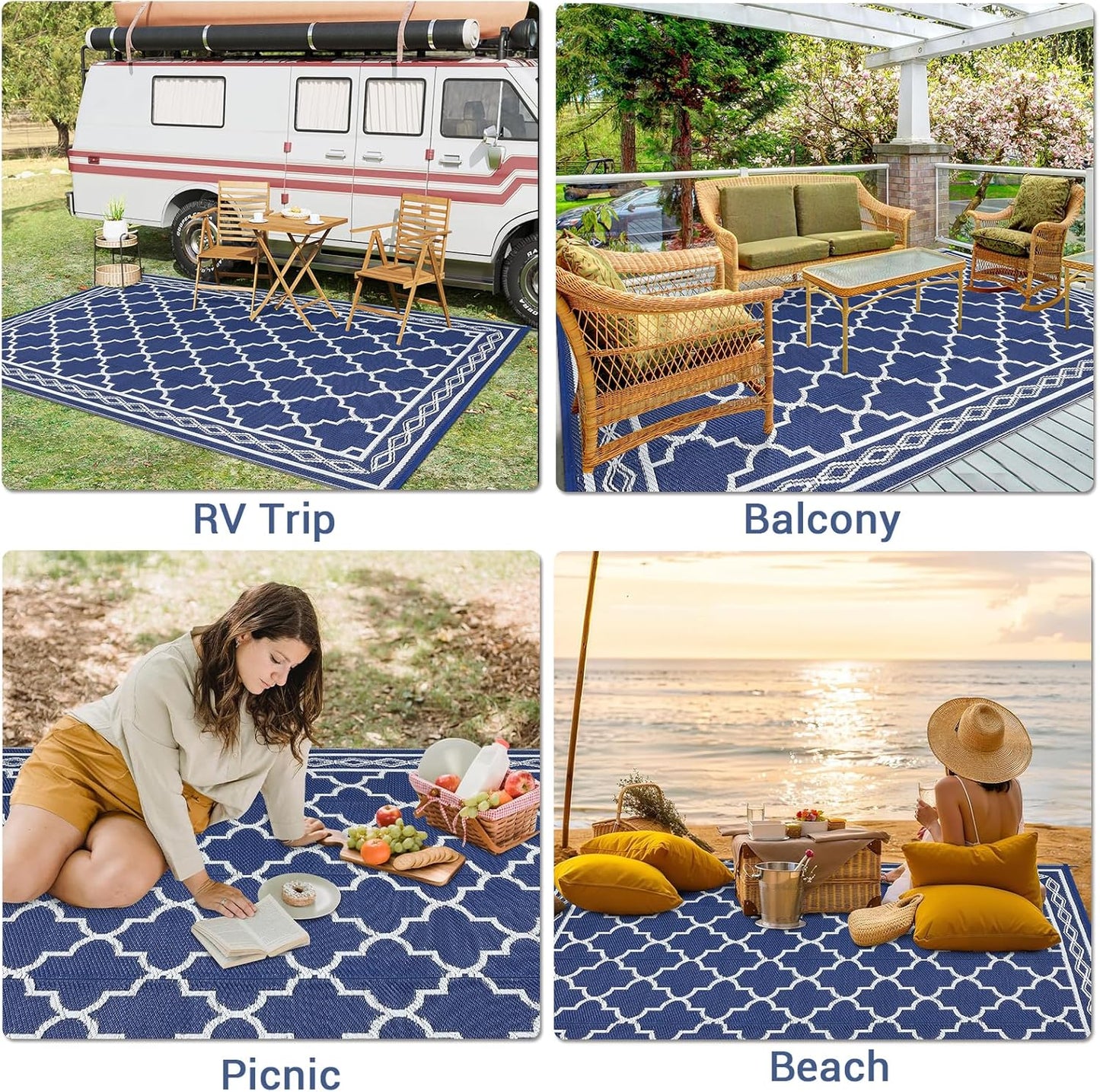 GAOMON Outdoor Plastic Straw Rug, 10'x20' Reversible Sage Green Patio Mat, Flower Modern Design for RV, Backyard, Deck, Camping, Picnic, Navy/White(Geometric)