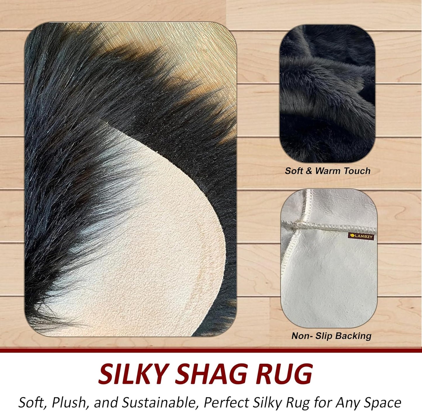 LAMBZY Faux Sheepskin Hypoallergenic Free Shape Silky Shag Rug, Luxury Shaggy Silky Plush Carpet for Bedrooms Rugs Living Room Kids Rooms Sofa Floor Rugs (Decto 10 Pelts 6'x10', 180x300cm Black)