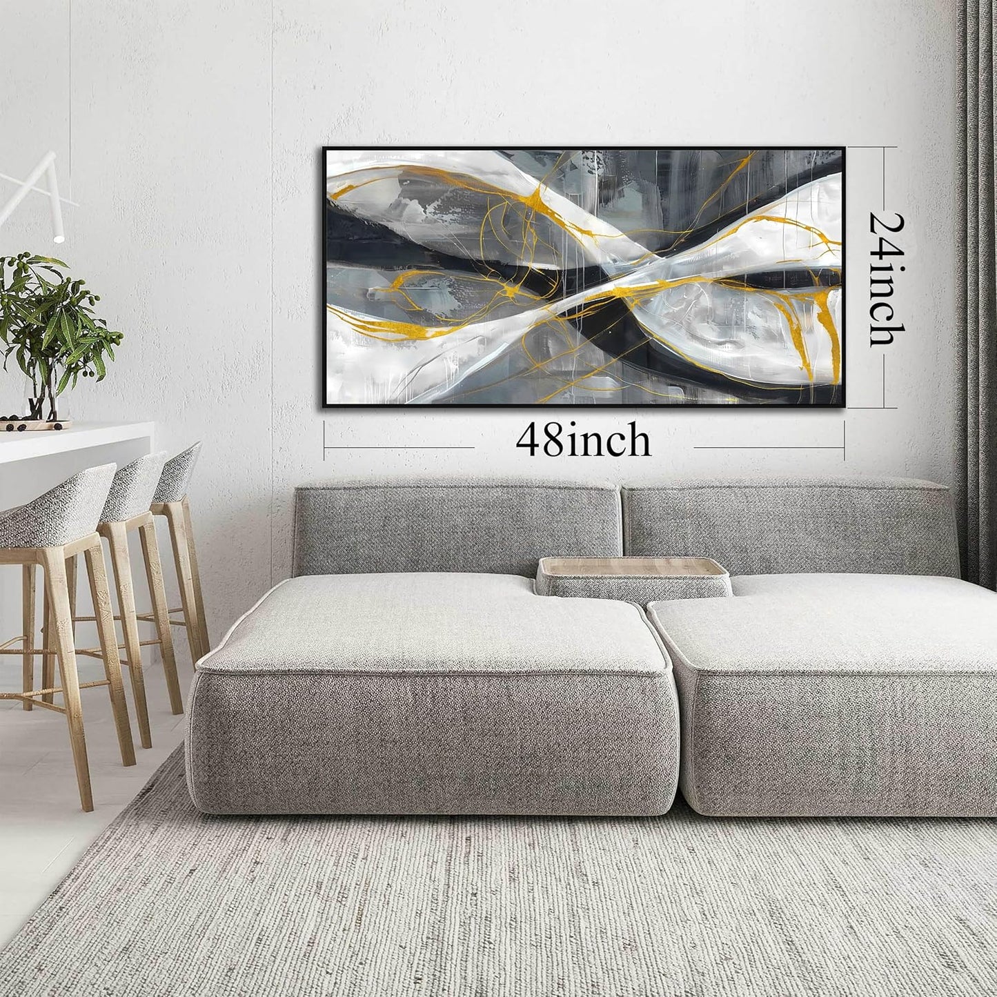 Ouzzlie Abstract Wall Decor Art Modern Canvas Picture Black White and Gold Wall Art for Bedroom Office Decoration 24" x 48"
