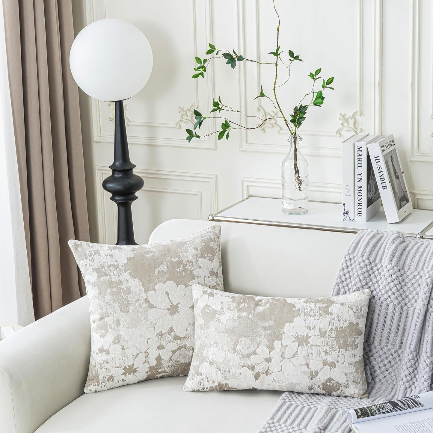 Jacquard Throw Pillow Covers 12x20 Inch Set of 2 - Vintage Floral Boho Pillow Cases with Botanical Pattern | Farmhouse Decor for Couch | Soft Textured Neutral Trio Light Khaki Warm Beige 12" x 20"