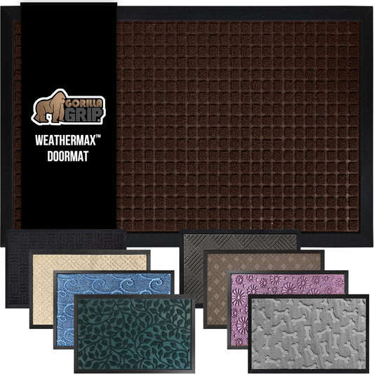 GORILLA GRIP 100% Waterproof All-Season WeatherMax Doormat US Designed Natural Rubber, Stain and Fade Resistant, Low Profile Indoor Outdoor Door Mats, Easy Clean Patio Mat, 17x29, Coffee Square