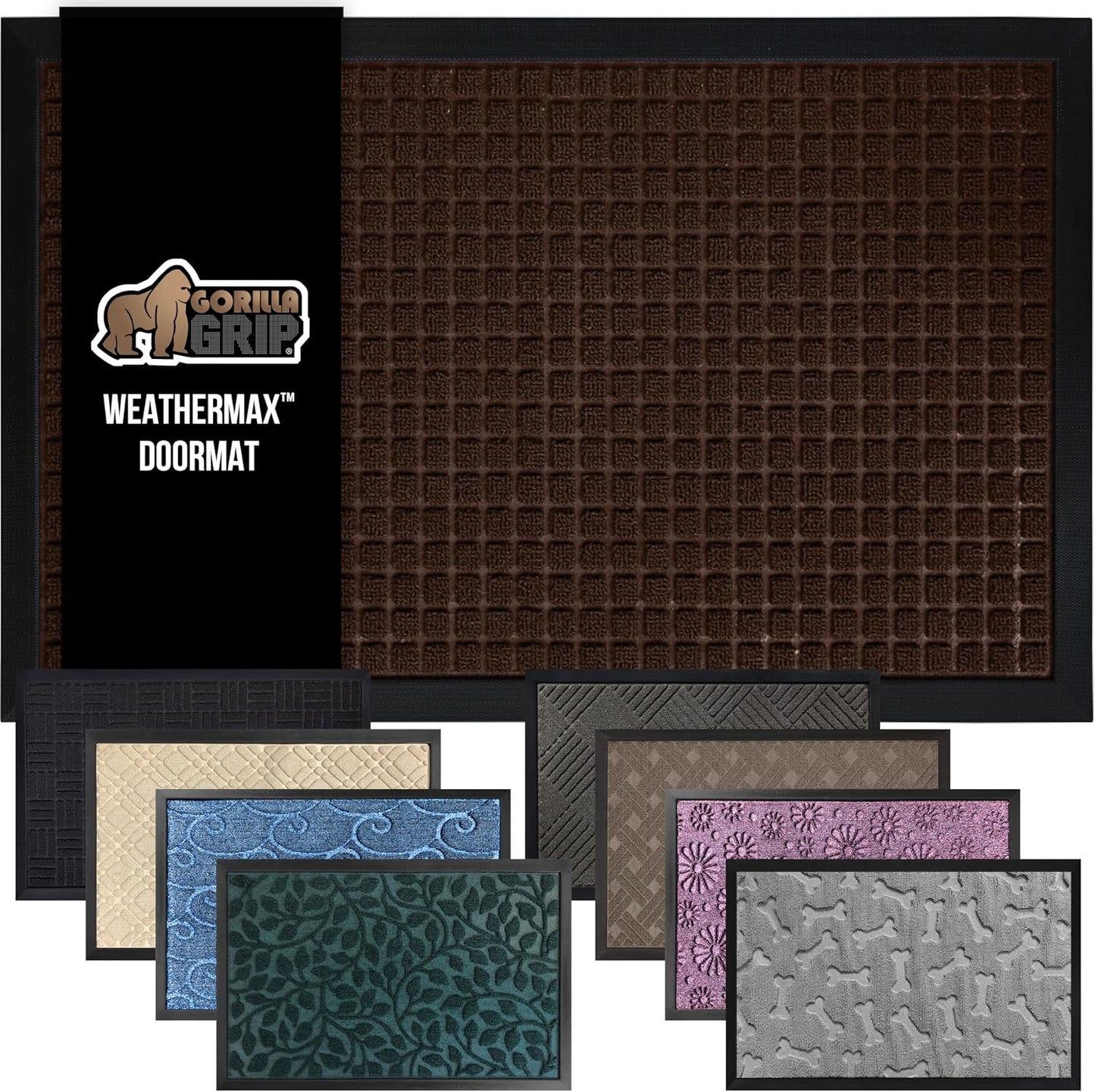 GORILLA GRIP 100% Waterproof All-Season WeatherMax Doormat 35x23, US Designed Natural Rubber, Stain and Fade Resistant, Low Profile Indoor Outdoor Door Mats, Easy Clean Patio Mat, Coffee Squares