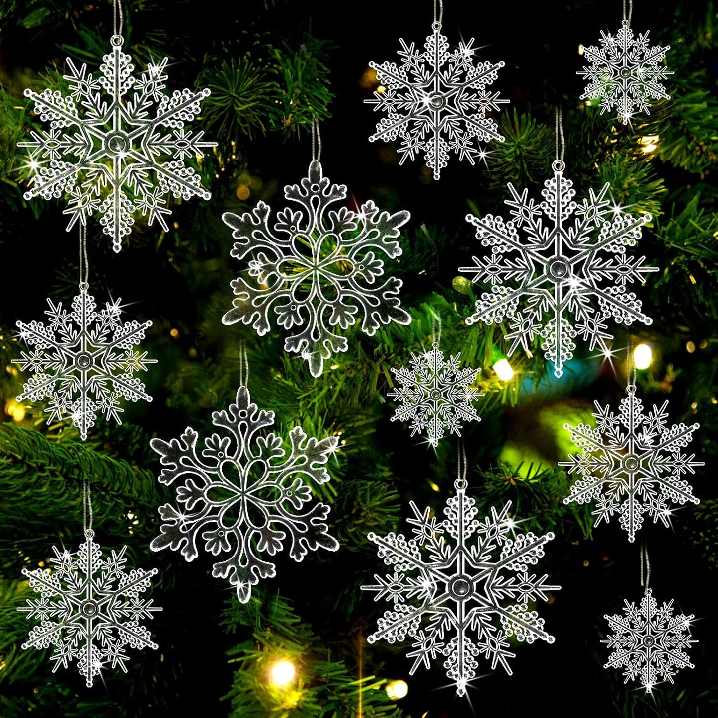 Christmas Tree Decorations Snowflake Ornaments 36Pcs Clear Plastic Hanging Snowflakes from Ceiling Snow Flakes Decorating Hanging for Winter Wonderland Decorations Indoor Outdoor Decor