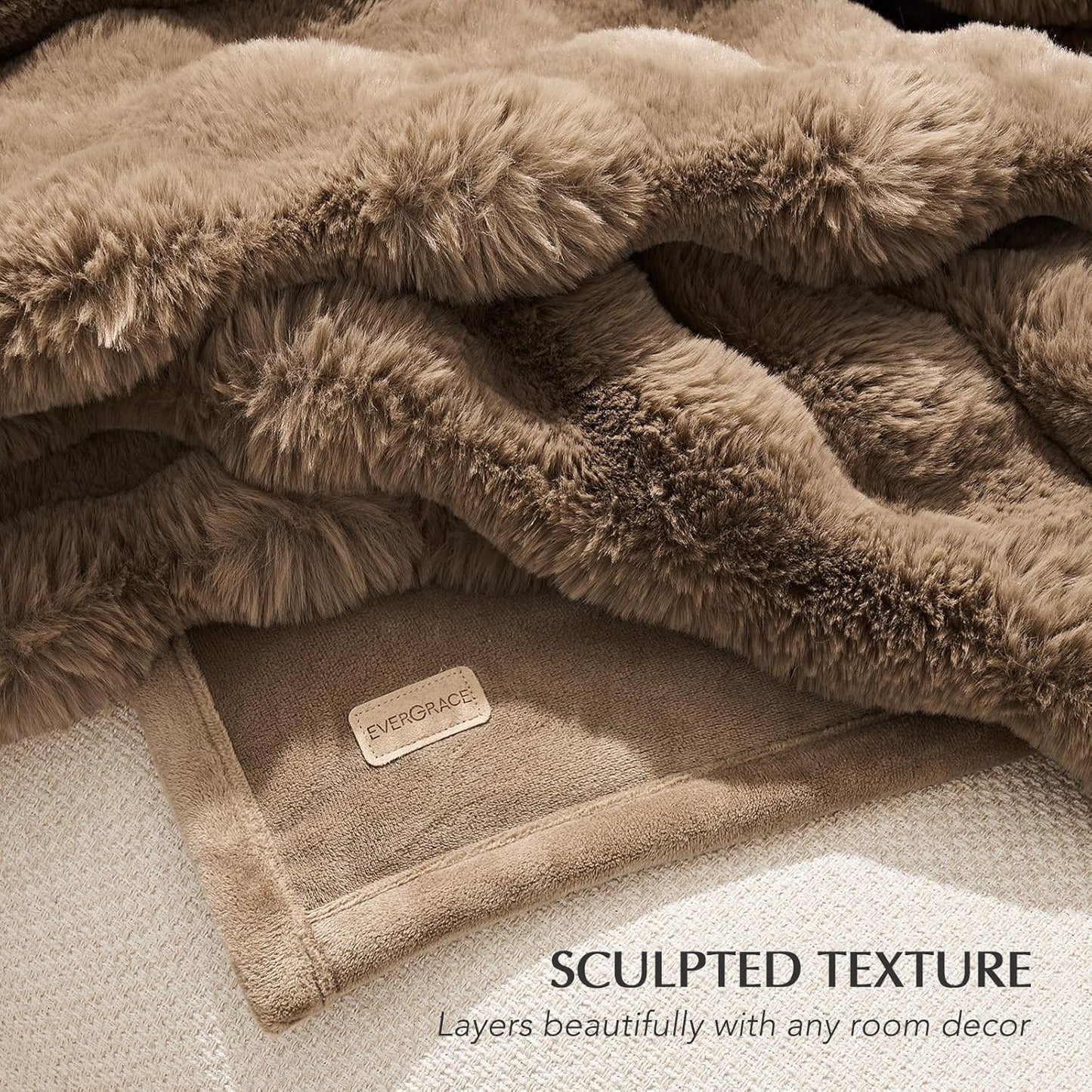 EVERGRACE Ultra Soft Luxury Fluffy Faux Rabbit Fur Throw Blanket, Thick Warm Fuzzy Blankets for Bed, Cozy Plush Reversible Blanket for Couch, Chair, Sofa, Natural Tan, 50x60 Inches, 870 GSM