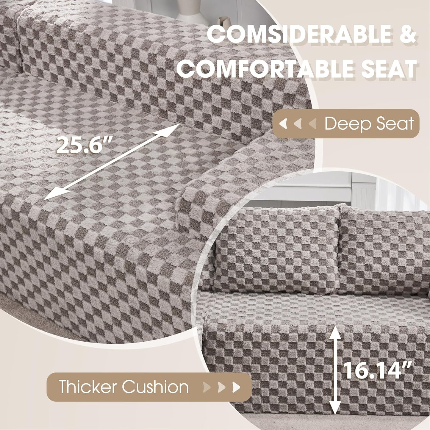 Hobestluk 96” Modular Sectional Sofa Couches L-Shape Couch 3 Seat Modular Sofa Memory Foam Sectional Couches for Living Room, Cloud Couch with Oversized Chaise (Grey, Checked (Left Facing Chaise))