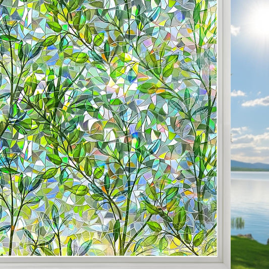 DUOFIRE Window Privacy Film Decorative Stained Glass Window Film Rainbow Foliage Windows Cling Anti UV Non-Adhesive Static Cling Reusable Colorful Windows Decal for Home 35.4×78.7 inch