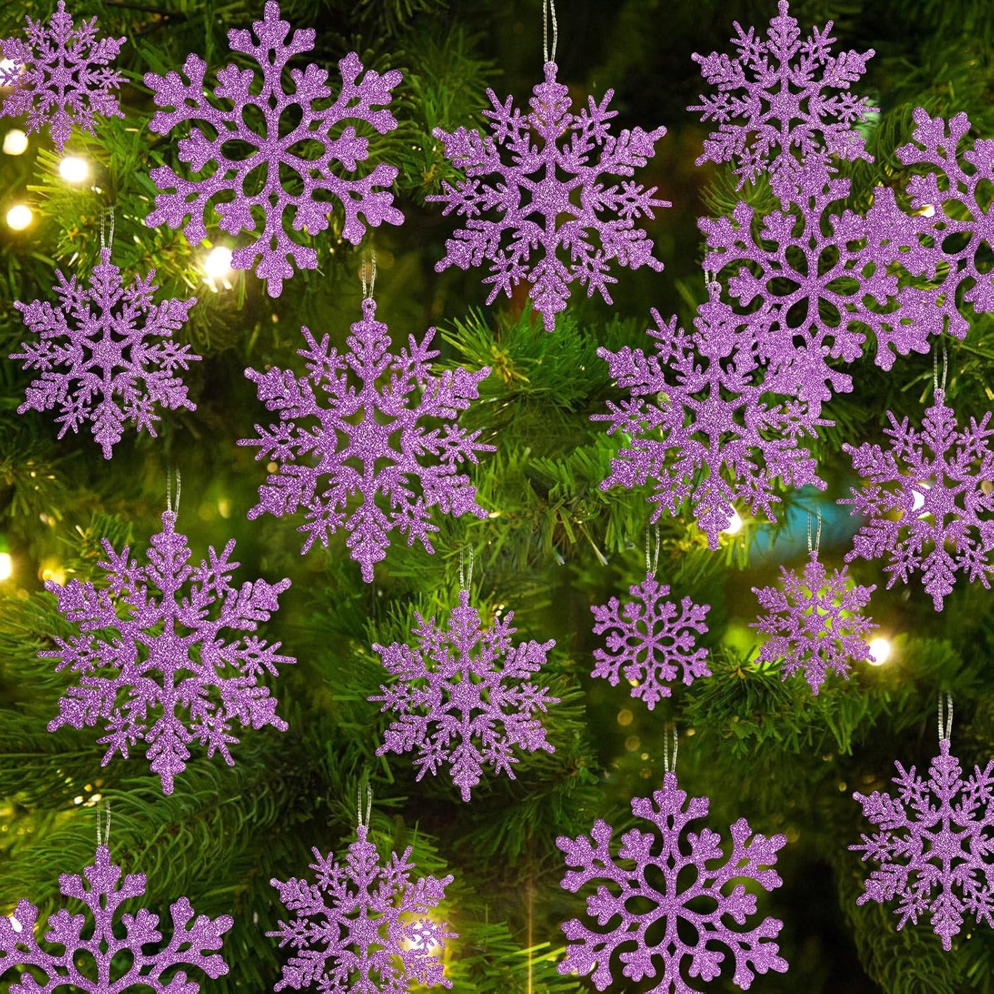 36pcs Christmas Light Purple Snowflake Ornaments，Plastic Light Purple Snow Flakes Hanging Ornaments for Christmas Tree Decor Winter Wonderland Frozen Birthday Party Holiday Home Decor Craft Snowflake