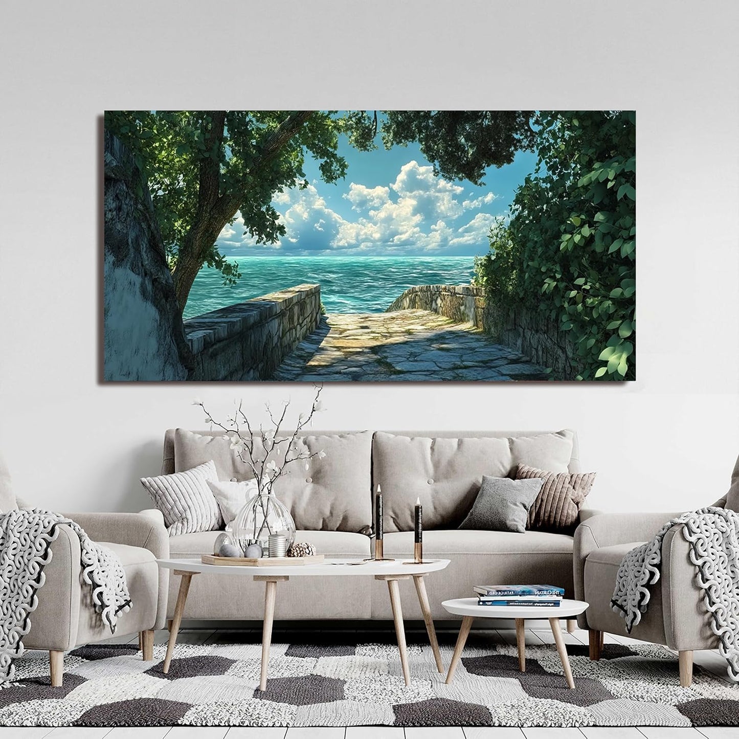 Canvas Wall Art Decor Large Wall Art Pictures for Living Room Artwork for Walls Landscape Natural Wall Art Decor Green Coastal Wall Art Prints Seaside Path Art Work for Home Office Wall Decor 29"x58"