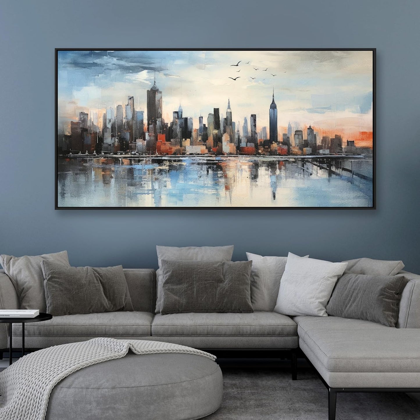 Wall Art Framed Abstract Cityscape Wall Decor Canvas Prints Blue Colorful City Theme Paintings Modern Artwork for Living Dining Room Bedroom Office Decoration 20"x40"