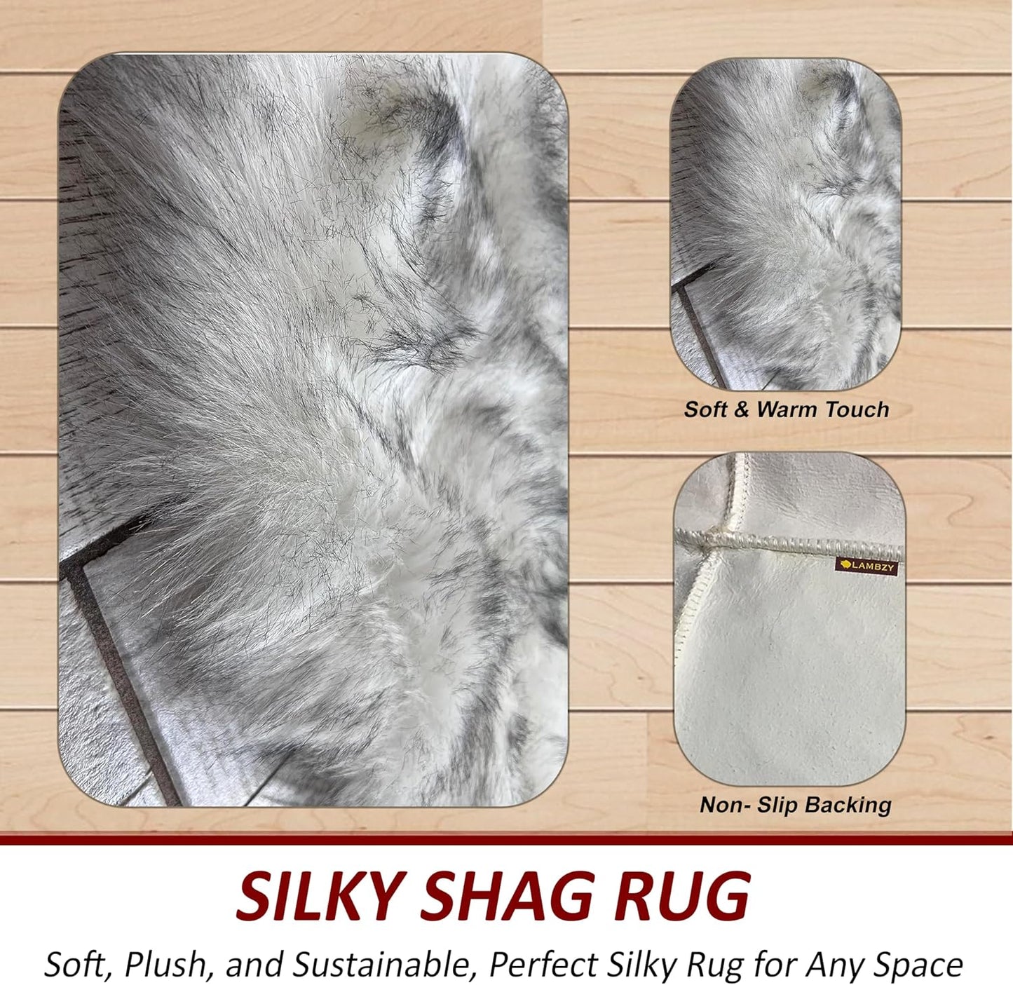 LAMBZY Faux Sheepskin Hypoallergenic Free Shape Silky Shag Rug, Luxury Shaggy Silky Plush Carpet for Bedrooms Rugs Living, Sofa Floor (Duo Decto 12 Pelts 6'x12', 180x360cm White/Black Tips)