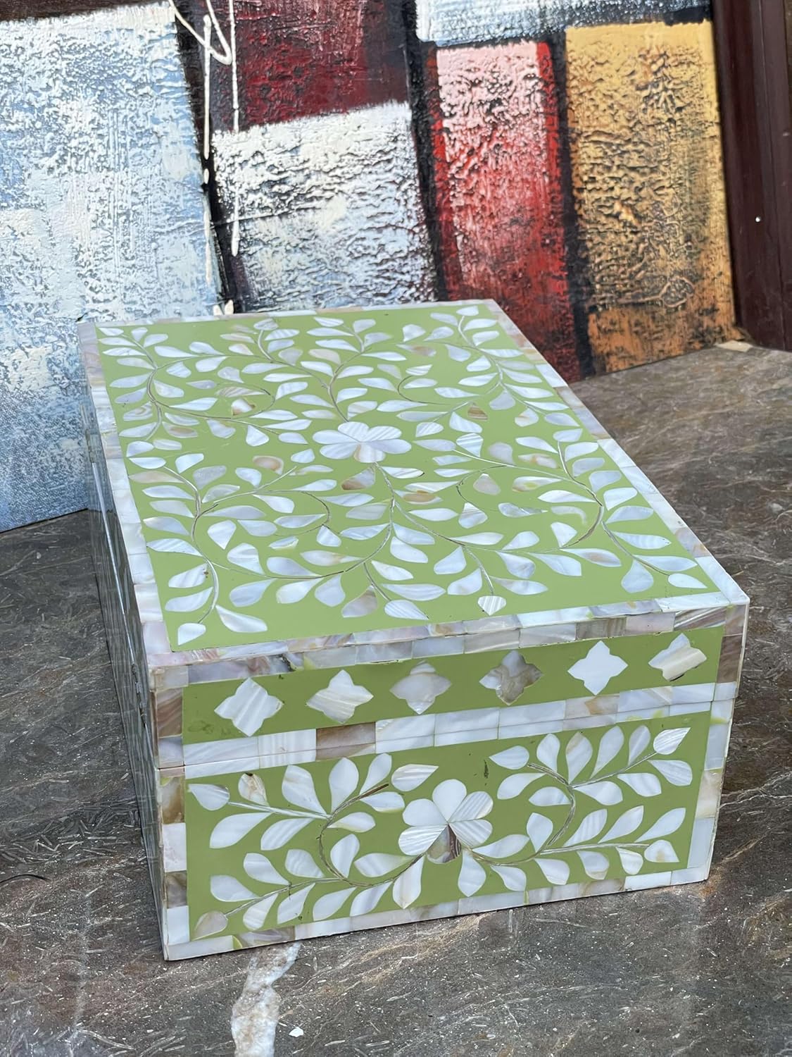 Decorative Storage Box Of Mother Of Pearl Inlay Floral Design Wooden Storage Box For Home Decoration For Living Dining & Bedroom (Olive Green_12x8x5 inch)