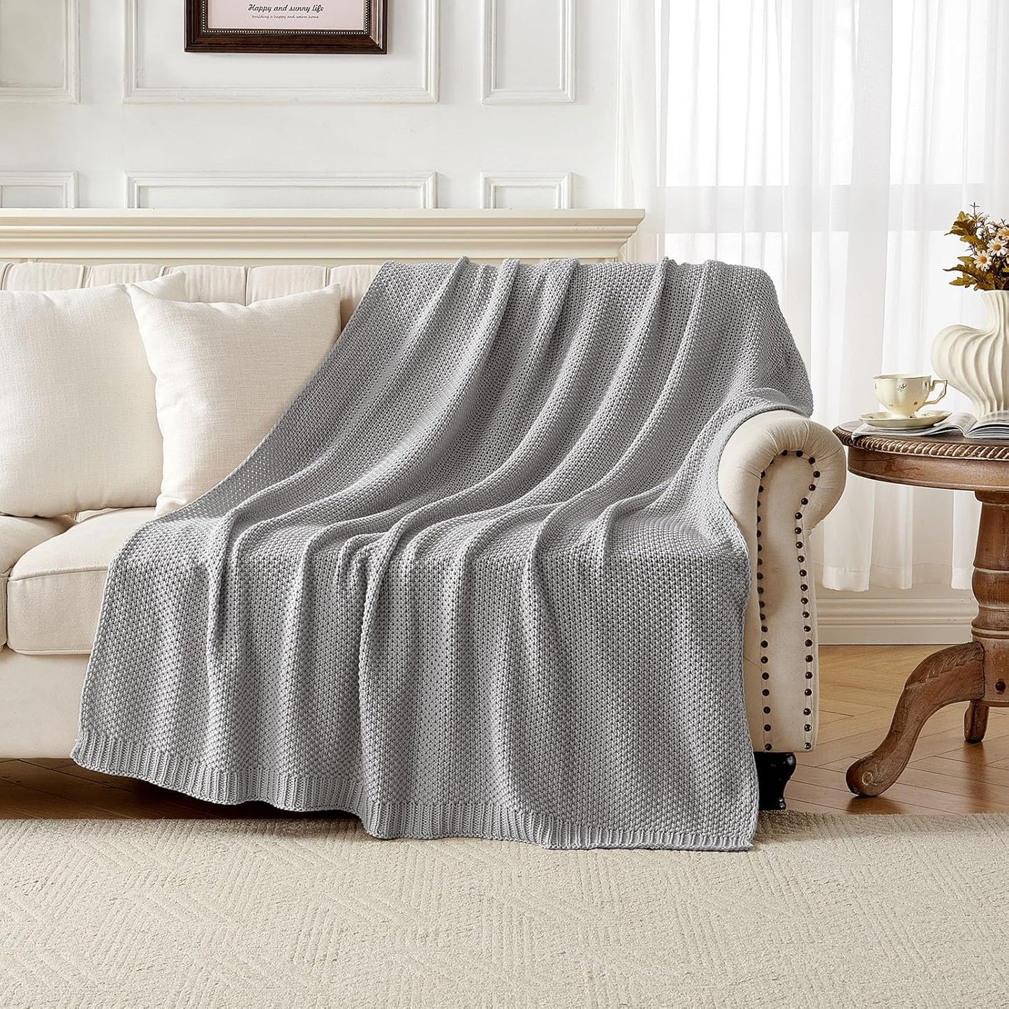 Joydeco Chunky Cable Knit Throw Blanket, Lightweight 100% Cotton Soft Cozy Throw Twin Blanket for Couch Bed and Sofa, Rustic Breathable Farmhouse Blanket Gift for Women Men(Grey, 60"x80")