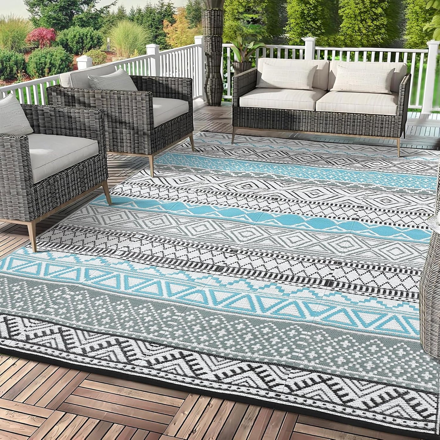 GAOMON Outdoor Plastic Straw Rug, 10'x14' Reversible Sage Green Patio Mat, Flower Modern Design for RV, Backyard, Deck, Camping, Picnic, Blue/Grey(Bohemia)