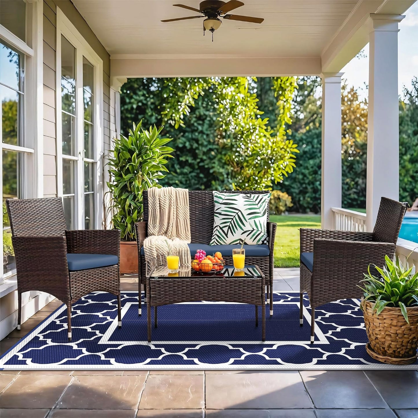 GENIMO 4' x 6' Outdoor Rug Waterproof for Patio Decor, Foldable Reversible Plastic Straw Area Rugs Mat for Camper, Outside Carpet for Rv, Deck, Porch, Picnic, Beach, Balcony, Blue & White