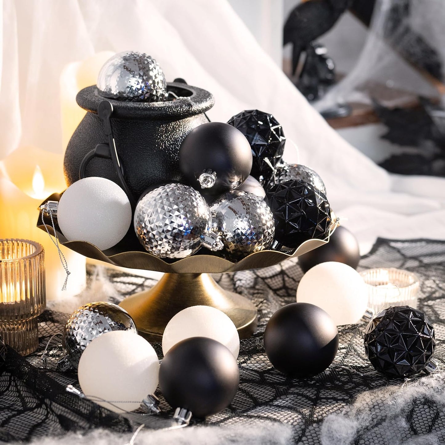 Valery Madelyn Christmas Tree Decorations Ornament Set for Fall Halloween, 50ct 2 Inches Black and White Shatterproof Christmas Ball Ornaments Hanging Xmas Holiday Party Decor