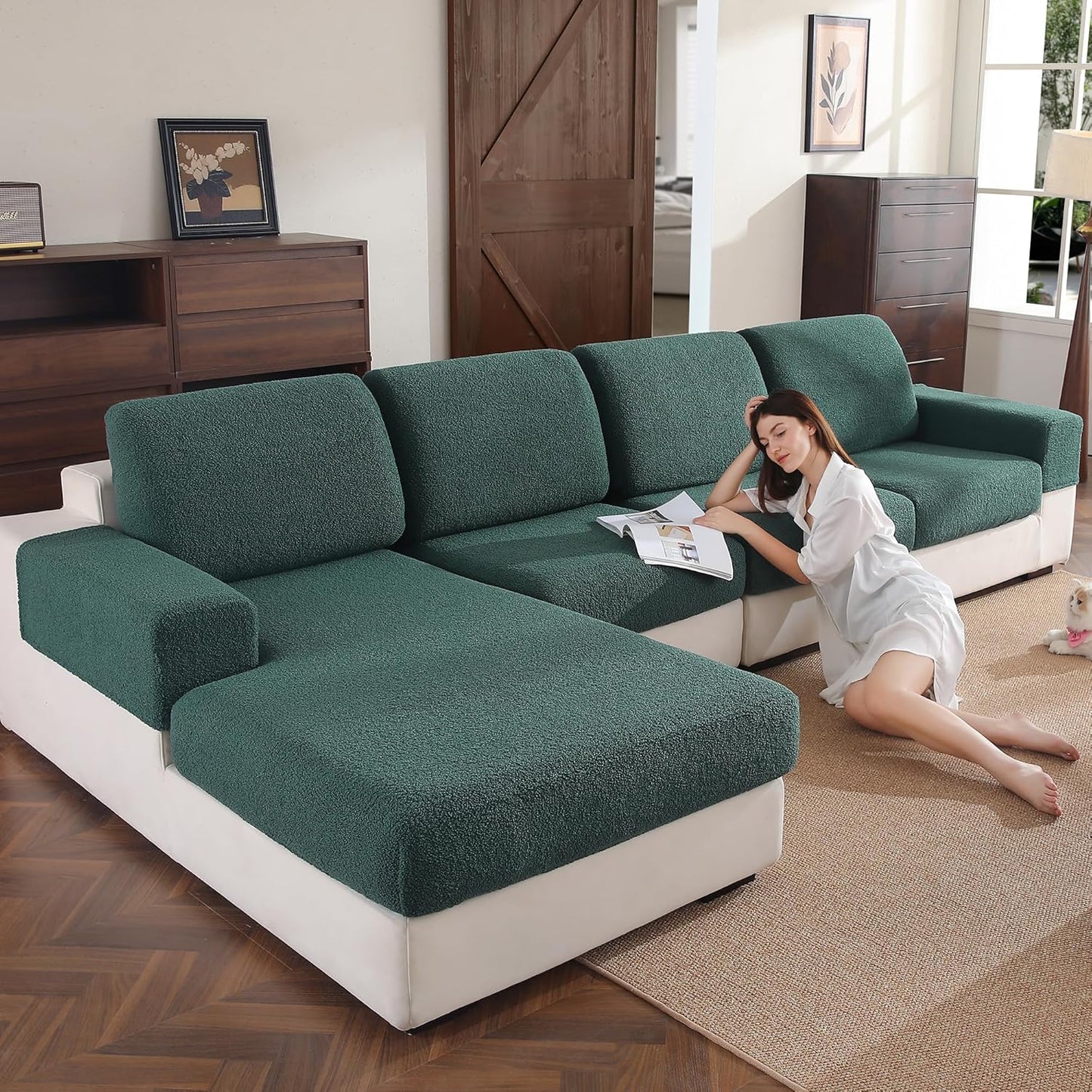 Couch Cushion Covers for Sectional Sofa, Stretch Soft Sofa Slipcovers Washable Wear-Resistant Universal Furniture Protector for Living Room(1 Piece Chair Cover, Green)
