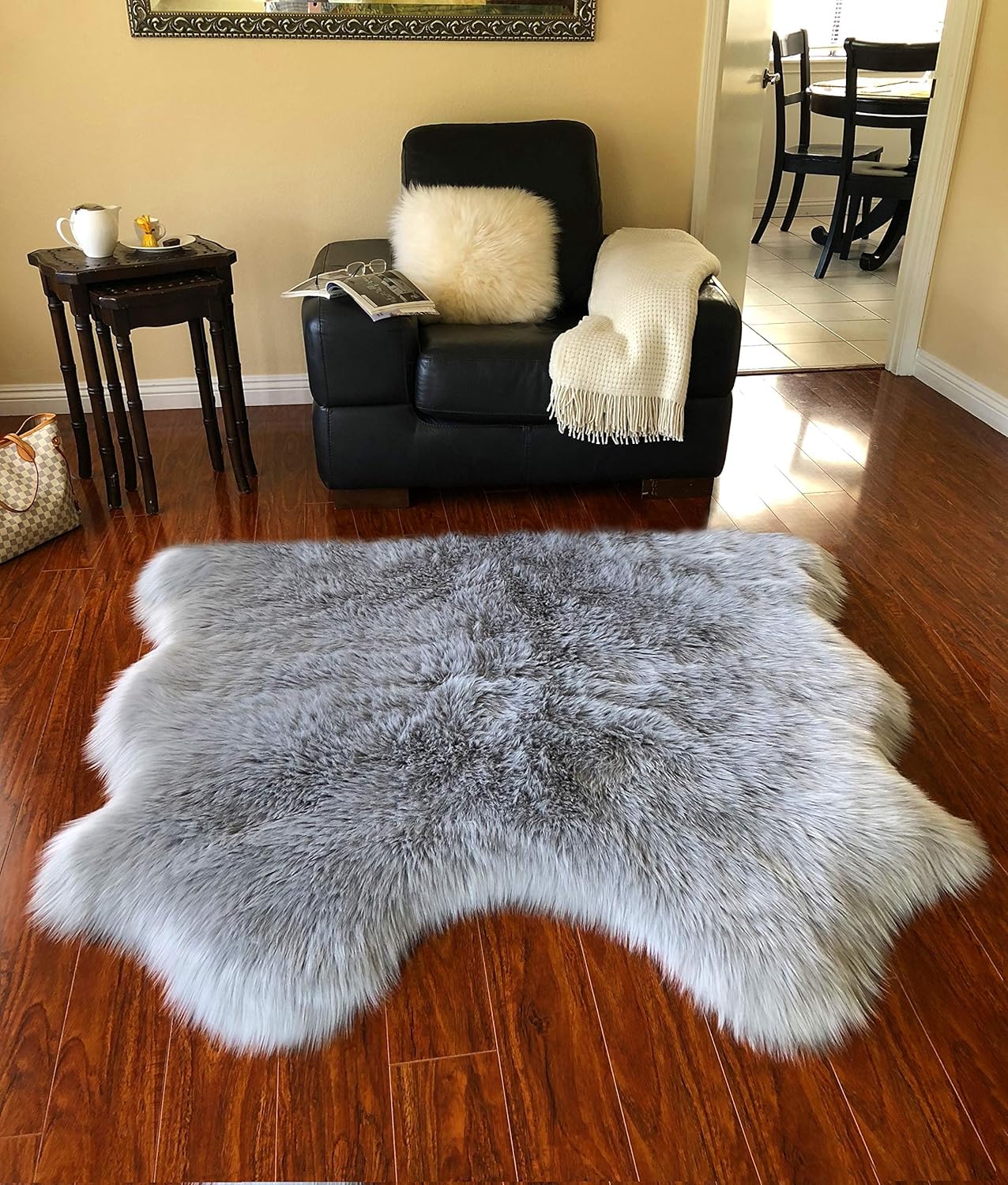LAMBZY Faux Sheepskin Hypoallergenic Free Shape Silky Shag Rug, Luxury Shaggy Silky Plush Carpet for Bedrooms Rugs Living Kids Room Sofa Floor Rugs (Double Side by Side 3'x4', 90x120cm, Grey)