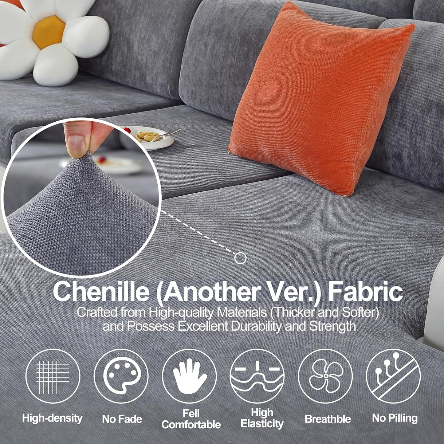 Chenille Sofa Armrest Covers, Soft Stretch Non-Slip Couch Arm Covers for Sofa, Chair or L Shaped Sectional, Furniture Protector (2 Pieces, Dark Grey)
