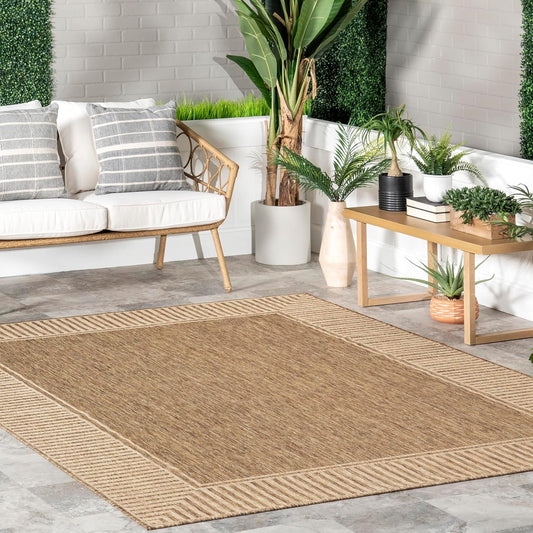 nuLOOM 3'6" x 5' Outdoor Area Rug, Casual Design With Striped Border, Stain Resistant, Highly Durable, For Patio, Balcony, Bedroom, Living Room, Dining Room, Bathroom, Light Brown