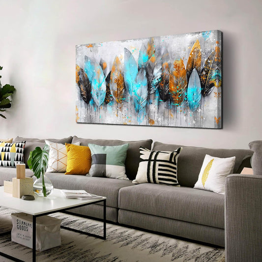 LAOTOART Leaf Canvas Wall Art - Modern Blue and Gray Living Room Wall Art - Abstract Artwork for Walls Ready to Hang Size 24" x 48"