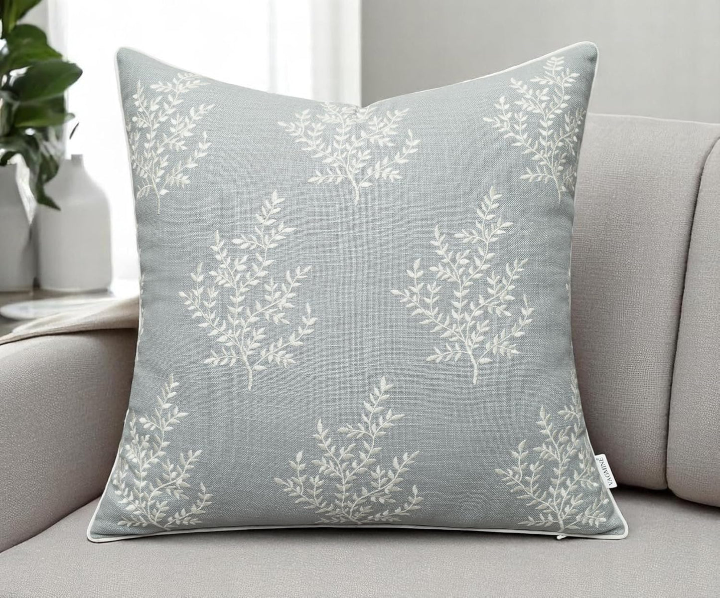 VAGMINE Embroidered Leaves Throw Pillow Cover - 20x20 Inches Square - 100% Cotton Robins Egg Cushion Cover - Textured Embroidery - Chic Coastal Home Accent for Sofa, Lounge, Farmhouse Decor