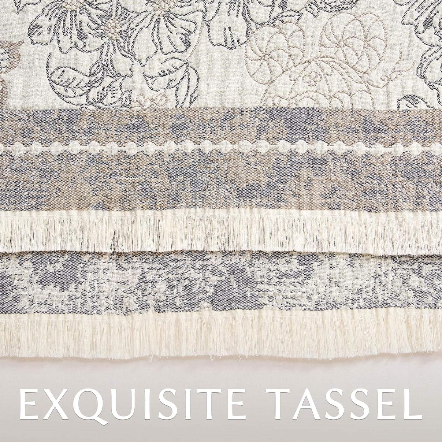 jinchan Boho Floral 100% Cotton Blanket 4-Layer Throw Blanket with Tassel Grey and White Flower Butterfly Soft Luxury Rustic Farmhouse Decor Blanket for Couch Bed 80x90 inch All Season Gift for Women