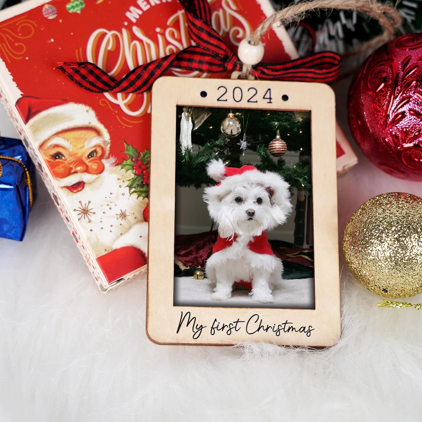 Christmas Photo Frame Ornament, 2025 Ornament, Wooden Picture Frame Ornaments With Hanging String (Dog)