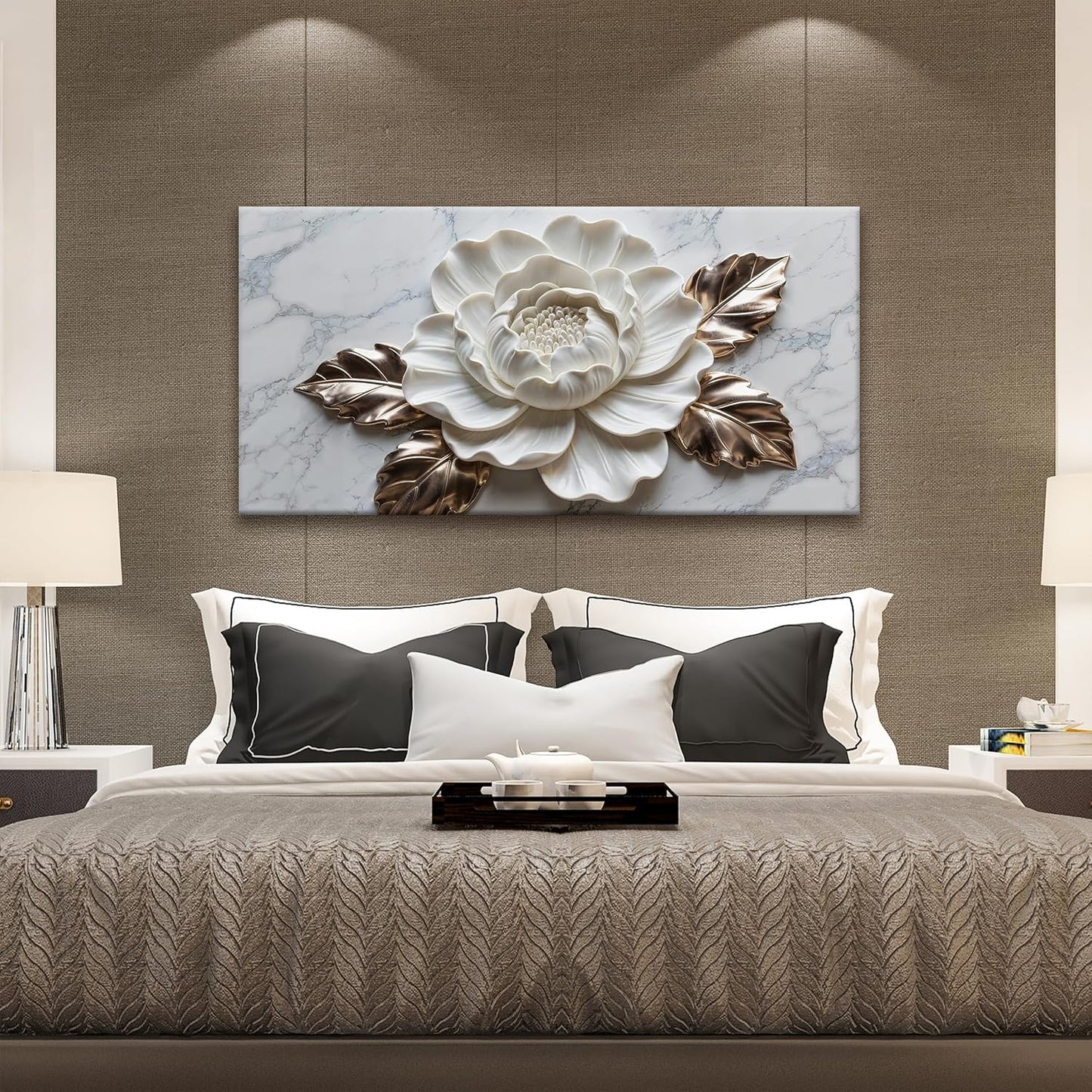 Suconvng Canvas Art Wall Decor Print Paintings Marble Texture White Flower Wall Art Prints Pictures Ready To Hang Pictures For Bedroom Bathroom Office Kitchen Home Wall Decor Artwork 20" × 40"