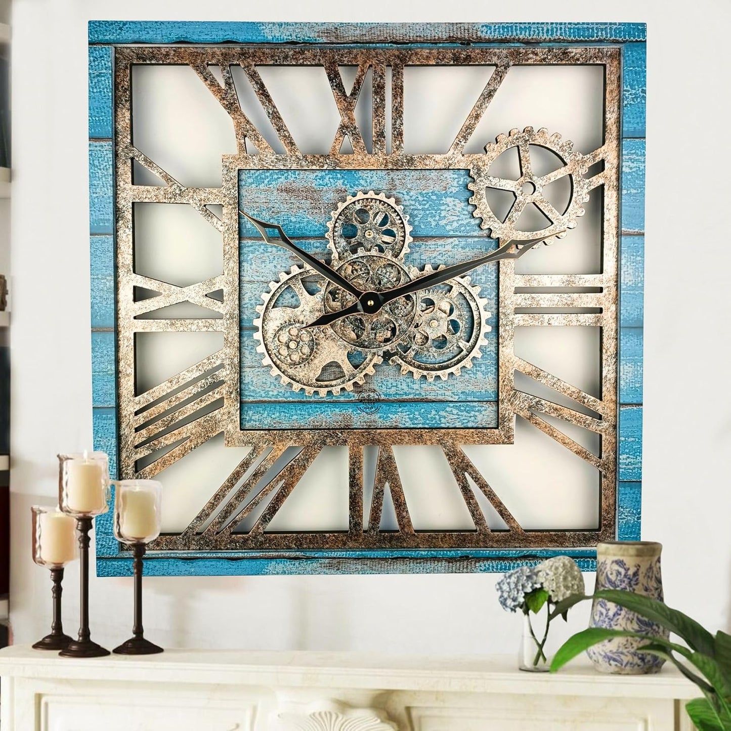 The Gears Clock 24'' Inch Square Real Moving Gear Wall Clock Vintage Industrial Oversized Rustic Farmhouse (Ocean Blue)