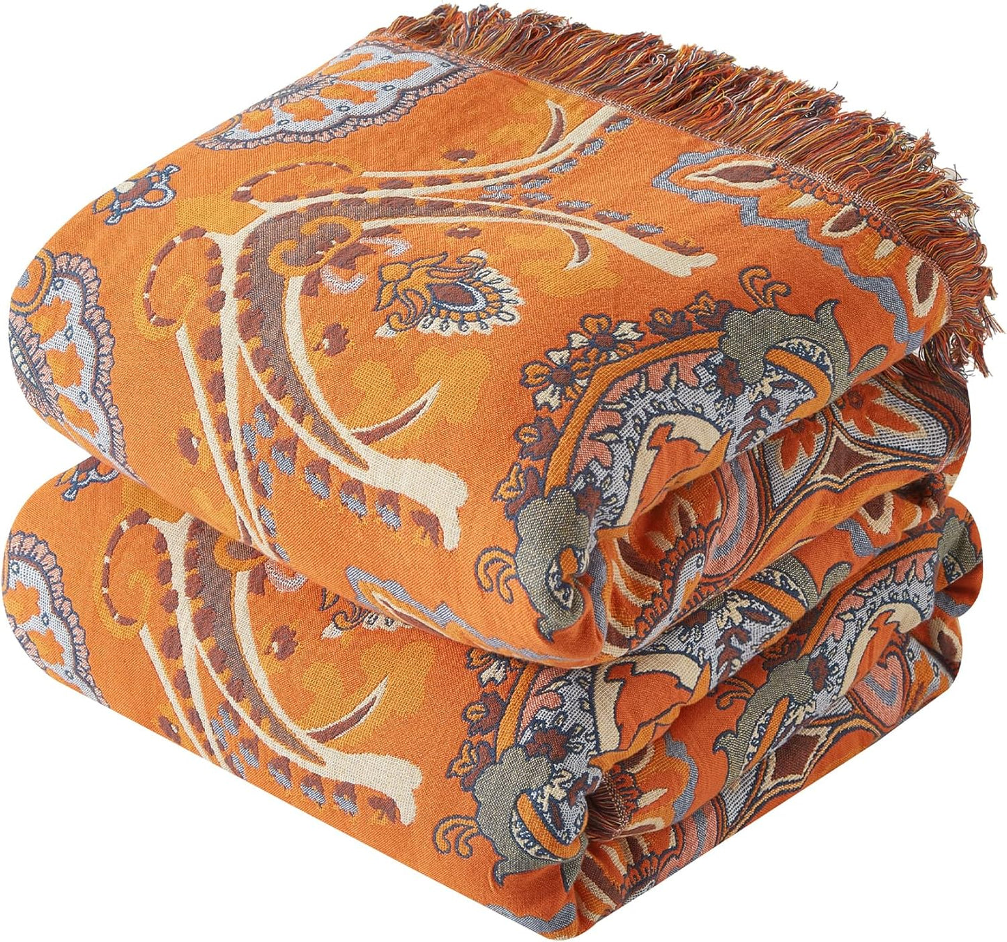 Boho Throw Blanket for Couch Sofa Bed, 100% Cotton Woven Quilt with Tassel 60”x80”, Super Soft Muslin Blanket with Oriental Universe Printed, Decorative Reversible Bed Blanket/Cover for All Seasons