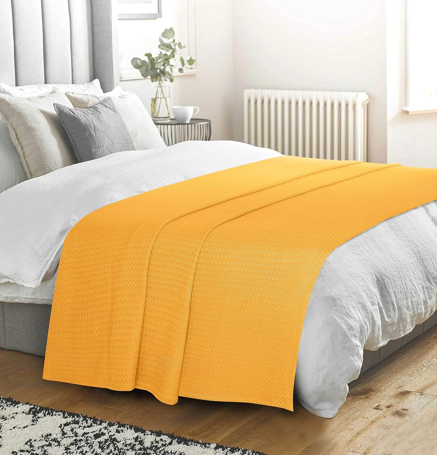 BELIZZI HOME 100% Cotton Bed Blanket, Breathable Bed Blanket Twin Size, Cotton Thermal Blankets Twin, Perfect for Layering Any Bed for All Season, Mustard Yellow
