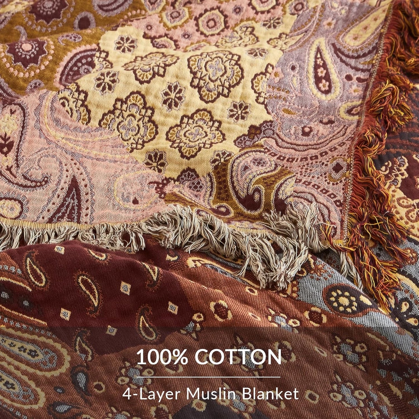 Boho Throw Blanket for Couch Sofa Bed, 100% Cotton Woven Quilt with Tassel 80”x90”, Super Soft Muslin Blanket with Patchwork Printed, Decorative Reversible Bed Blanket/Cover for All Seasons