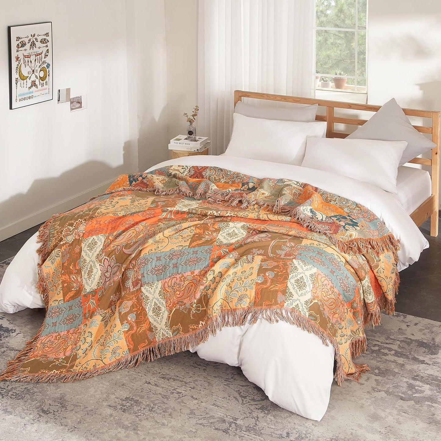 Boho Throw Blanket for Bed 90”x98”, 100% Cotton Woven Blanket for Couch Sofa, Ultra Soft 4-Layer Muslin Quilt with Patchwork Floral Printed, Farmhouse Bed Blanket/Cover for Living Room Decor